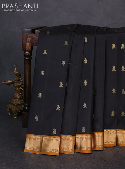 Pure kanchipuram silk saree black and dark mustard with zari woven buttas and zari woven border