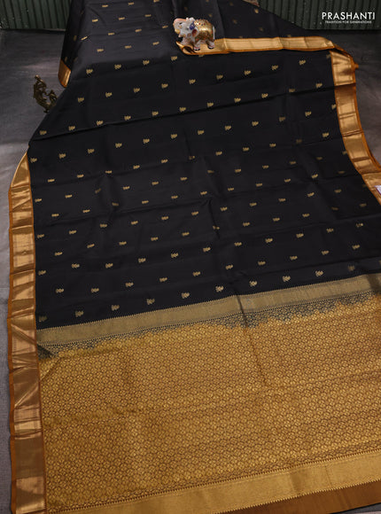 Pure kanchipuram silk saree black and dark mustard with zari woven buttas and zari woven border