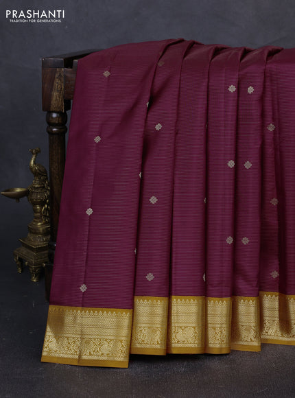 Pure kanchipuram silk saree wine shade and dark mustard with allover vairaosi pattern & buttas and zari woven korvai border