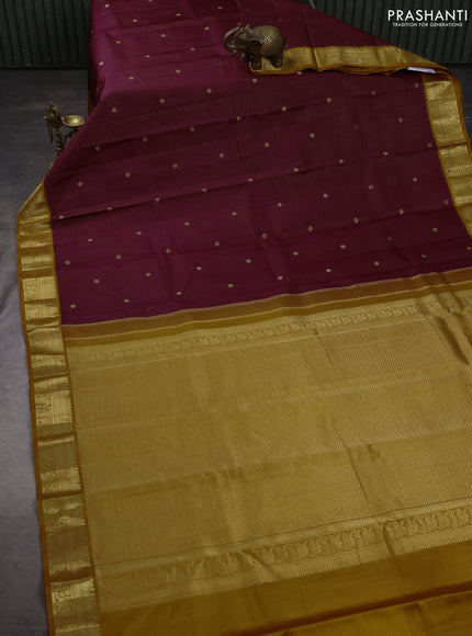 Pure kanchipuram silk saree wine shade and dark mustard with allover vairaosi pattern & buttas and zari woven korvai border