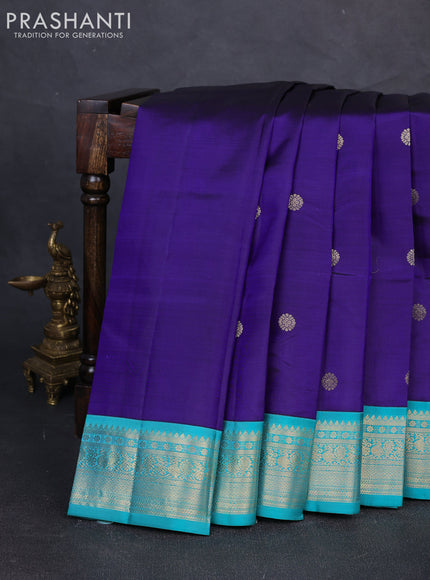 Pure kanchipuram silk saree blue and teal blue with zari woven buttas and zari woven korvai border