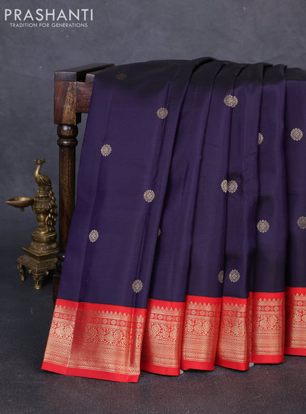 Pure kanchipuram silk saree dark blue and red with zari woven buttas and zari woven korvai border