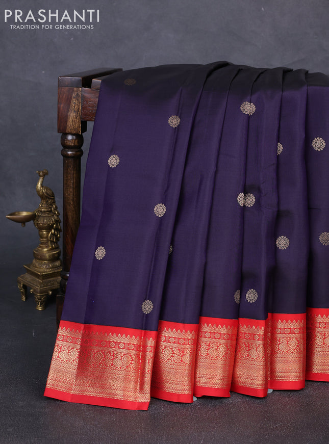 Pure kanchipuram silk saree dark blue and red with zari woven buttas and zari woven korvai border