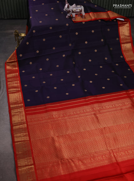 Pure kanchipuram silk saree dark blue and red with zari woven buttas and zari woven korvai border