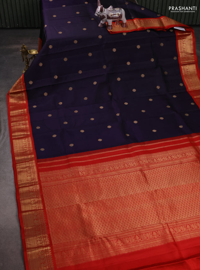 Pure kanchipuram silk saree dark blue and red with zari woven buttas and zari woven korvai border