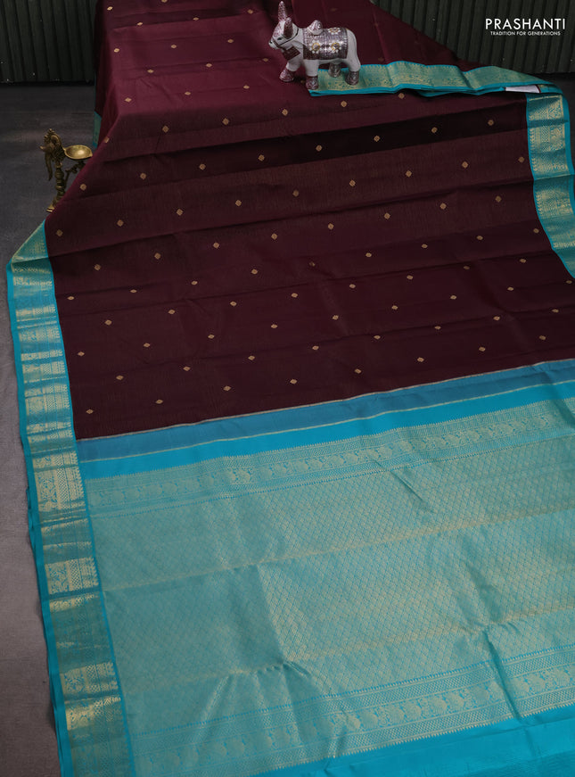 Pure kanchipuram silk saree deep purple and teal blue with allover vairaosi pattern & buttas and zari woven korvai border