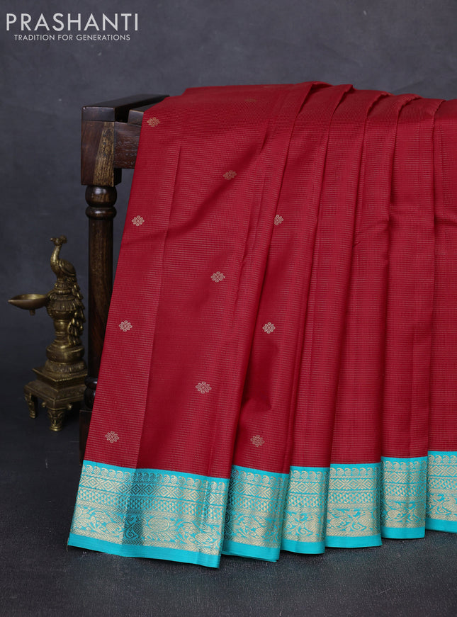 Pure kanchipuram silk saree red and teal blue with allover vairaosi pattern & buttas and zari woven korvai border