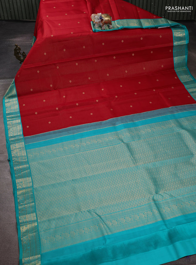 Pure kanchipuram silk saree red and teal blue with allover vairaosi pattern & buttas and zari woven korvai border