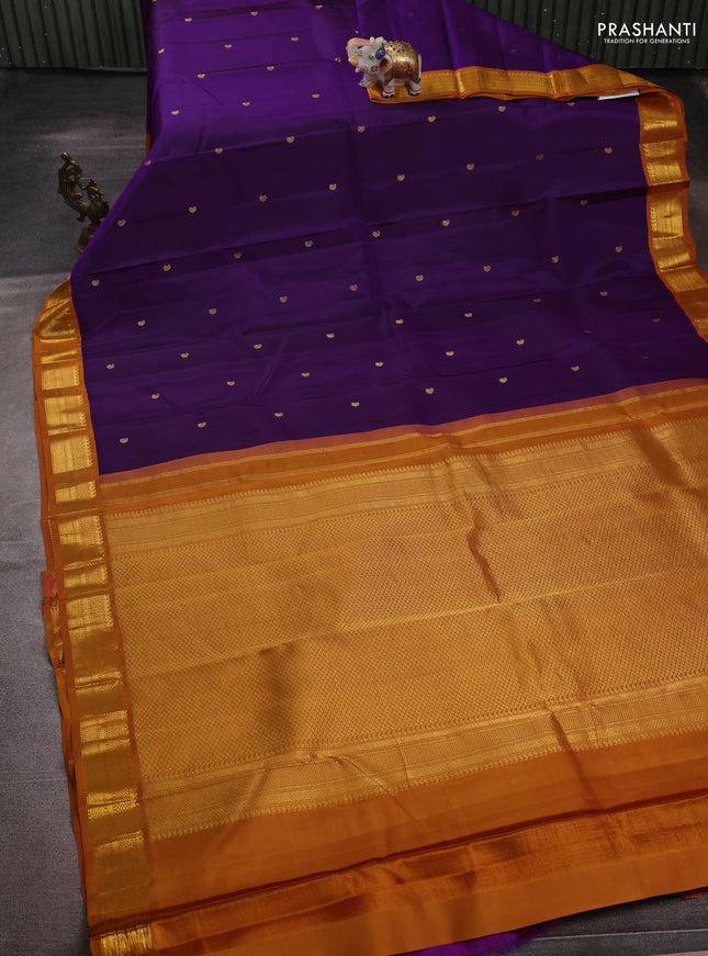 Pure kanchipuram silk saree purple and dark mustard with zari woven buttas and zari woven korvai border