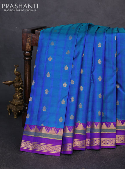 Pure kanchipuram silk saree teal blue and purple with zari woven buttas and zari woven border