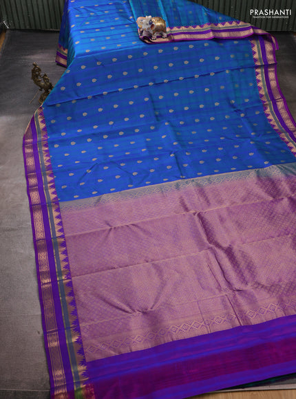 Pure kanchipuram silk saree teal blue and purple with zari woven buttas and zari woven border