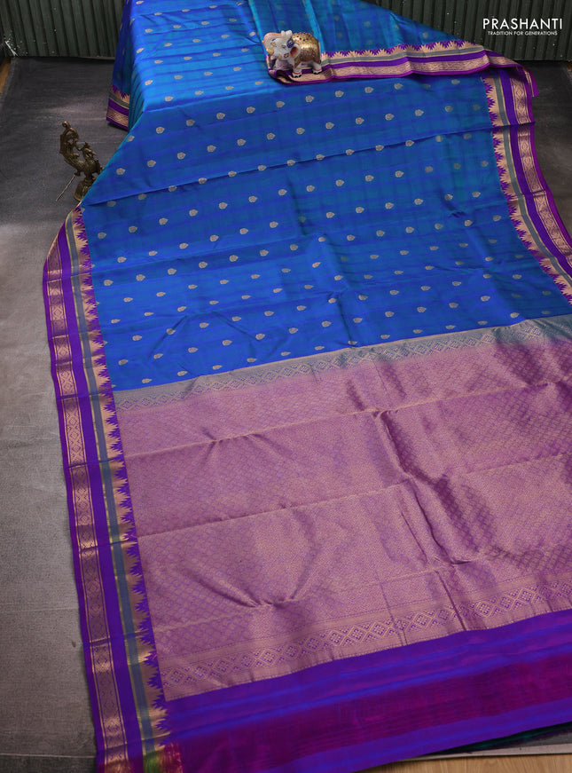 Pure kanchipuram silk saree teal blue and purple with zari woven buttas and zari woven border