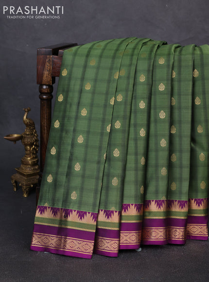Pure kanchipuram silk saree sap green and purple with zari woven buttas and zari woven border