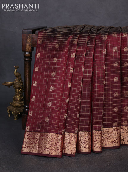 Pure kanchipuram silk saree deep maroon with allover zari checks & buttas and zari woven border