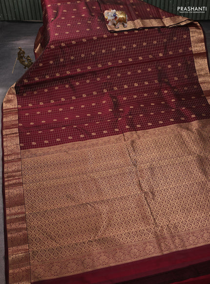 Pure kanchipuram silk saree deep maroon with allover zari checks & buttas and zari woven border