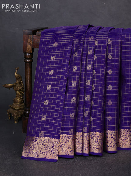 Pure kanchipuram silk saree blue with allover zari checks & buttas and zari woven border