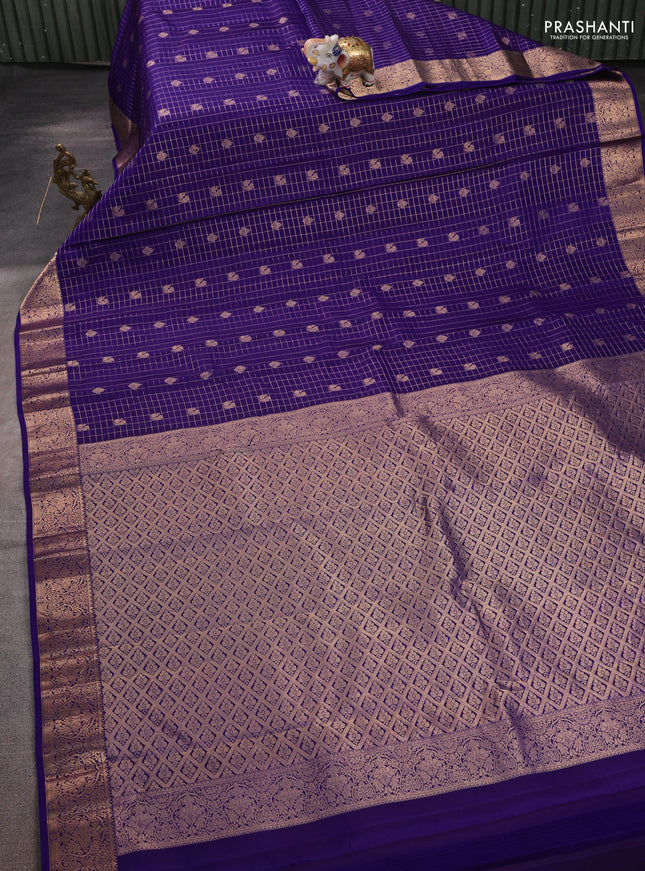 Pure kanchipuram silk saree blue with allover zari checks & buttas and zari woven border