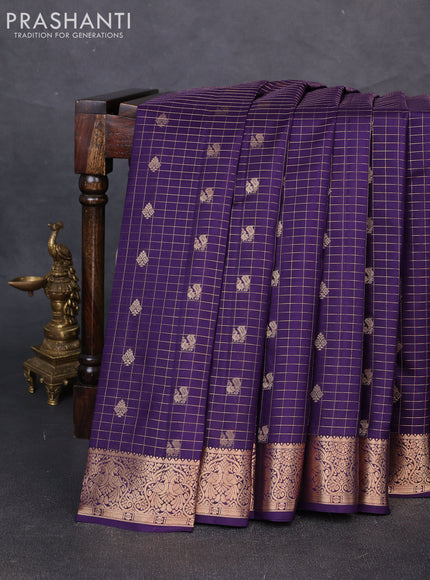 Pure kanchipuram silk saree violet with allover zari checks & buttas and zari woven border