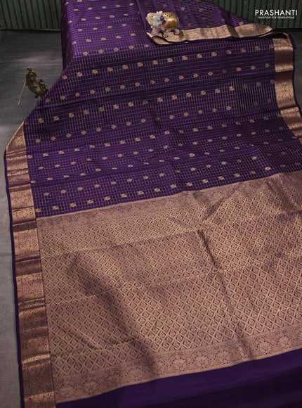 Pure kanchipuram silk saree violet with allover zari checks & buttas and zari woven border