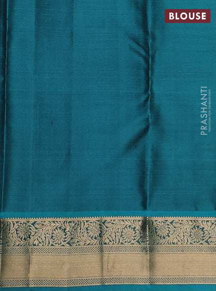 Pure kanchipuram silk saree grey and teal blue with allover zari weaves and zari woven border
