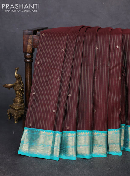 Pure kanchipuram silk saree coffee brown and teal blue with allover zari weaves and zari woven korvai border