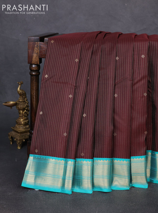 Pure kanchipuram silk saree coffee brown and teal blue with allover zari weaves and zari woven korvai border
