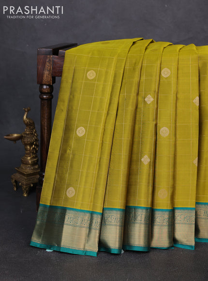 Pure kanchipuram silk saree mehendi green and peacock green with allover zari checks & buttas and zari woven border