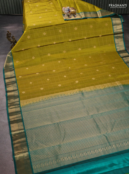 Pure kanchipuram silk saree mehendi green and peacock green with allover zari checks & buttas and zari woven border