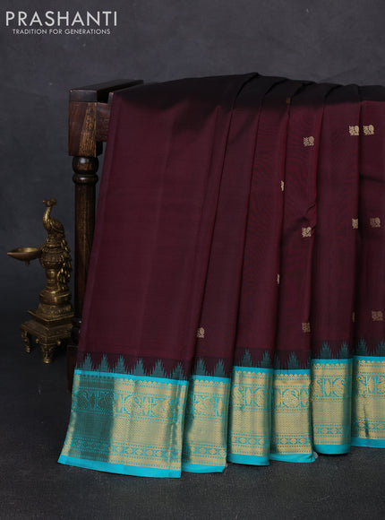 Pure kanchipuram silk saree deep wine shade and teal blue with annam zari woven buttas and temple woven zari border
