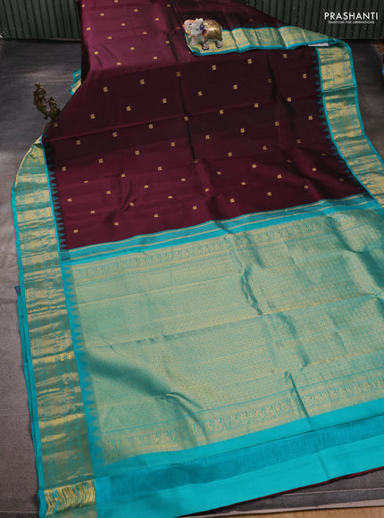 Pure kanchipuram silk saree deep wine shade and teal blue with annam zari woven buttas and temple woven zari border