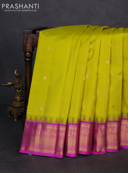 Pure kanchipuram silk saree lime green and purple with annam zari woven buttas and temple woven zari border