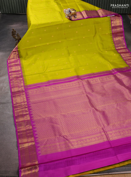 Pure kanchipuram silk saree lime green and purple with annam zari woven buttas and temple woven zari border