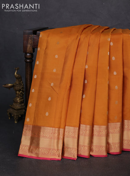 Pure kanchipuram silk saree mustard yellow and pink with zari woven buttas and zari woven border