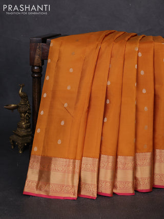 Pure kanchipuram silk saree mustard yellow and pink with zari woven buttas and zari woven border