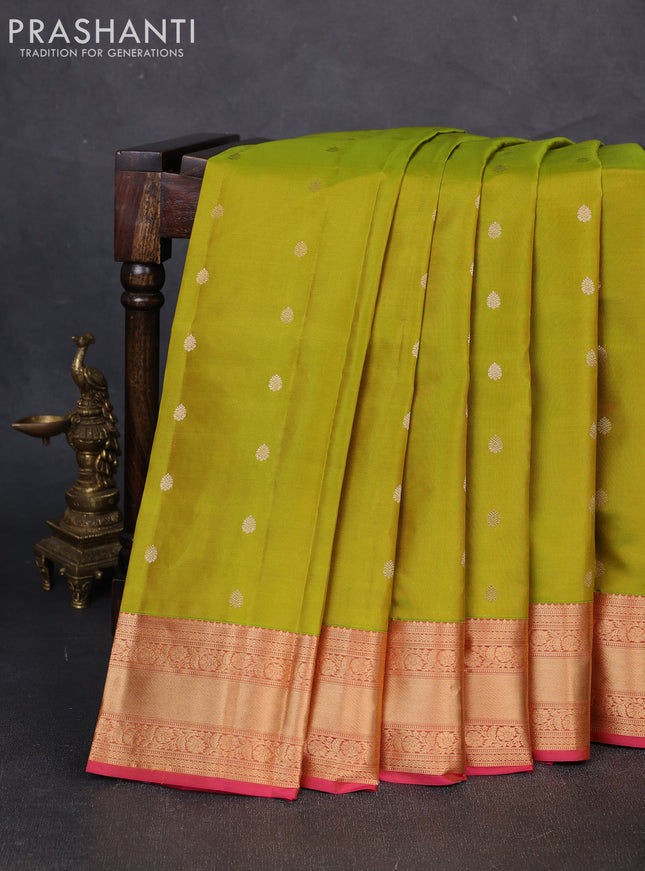 Pure kanchipuram silk saree light green and pink with zari woven buttas and zari woven border