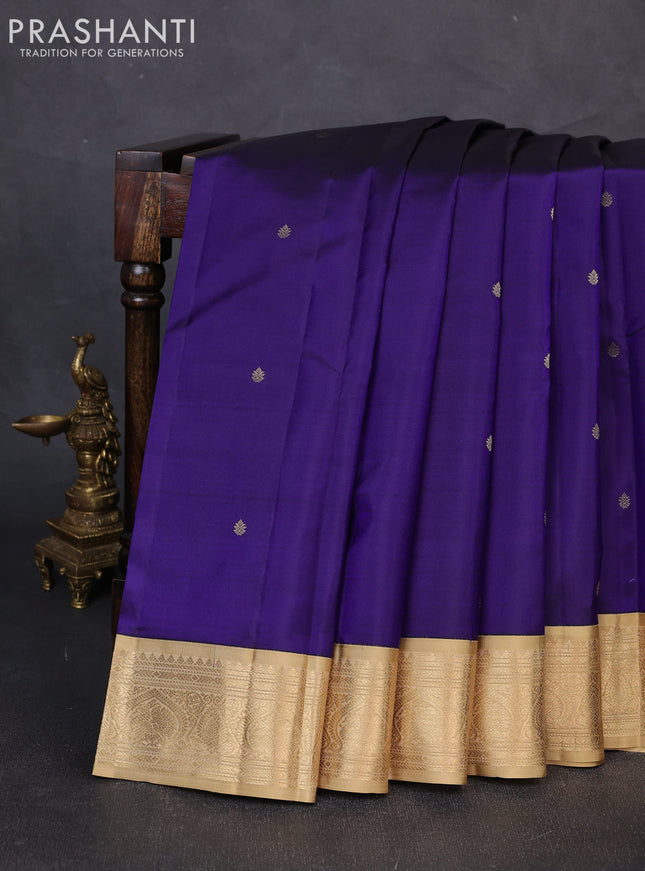 Pure kanchipuram silk saree blue and sandal with zari woven buttas and zari woven korvai border