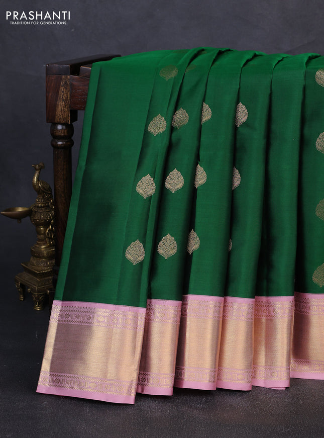 Pure kanchipuram silk saree green and light pink with zari woven buttas and zari woven korvai border