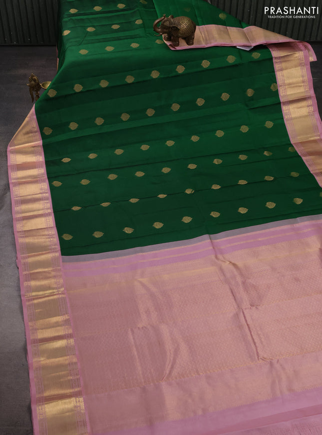 Pure kanchipuram silk saree green and light pink with zari woven buttas and zari woven korvai border