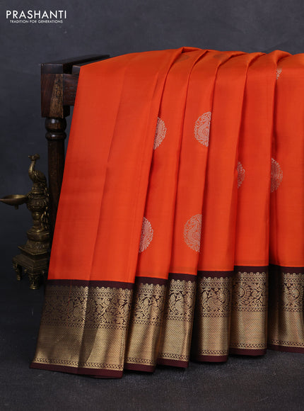 Pure kanchipuram silk saree orange and deep maroon with zari woven buttas and zari woven korvai border