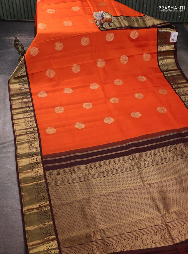 Pure kanchipuram silk saree orange and deep maroon with zari woven buttas and zari woven korvai border