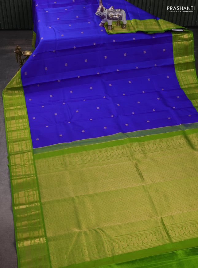 Pure kanchipuram silk saree royal blue and light green with zari woven buttas and zari woven korvai border