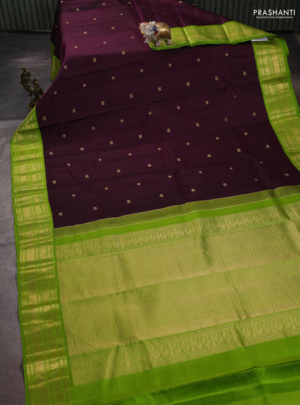 Pure kanchipuram silk saree deep wine and light green with zari woven buttas and zari woven korvai border