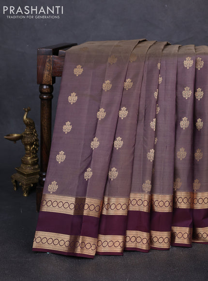 Pure kanchipuram silk saree grey and deep jamun with zari woven buttas and rettapet zari woven border