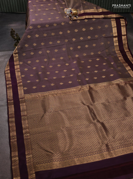 Pure kanchipuram silk saree grey and deep jamun with zari woven buttas and rettapet zari woven border