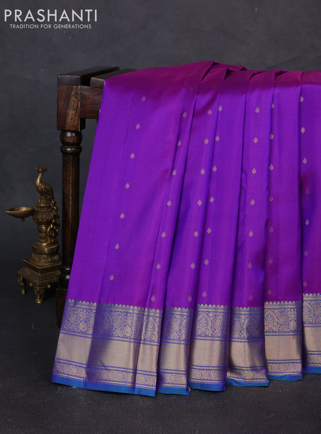 Pure kanchipuram silk saree purple and cs blue with allover zari woven buttas and zari woven border