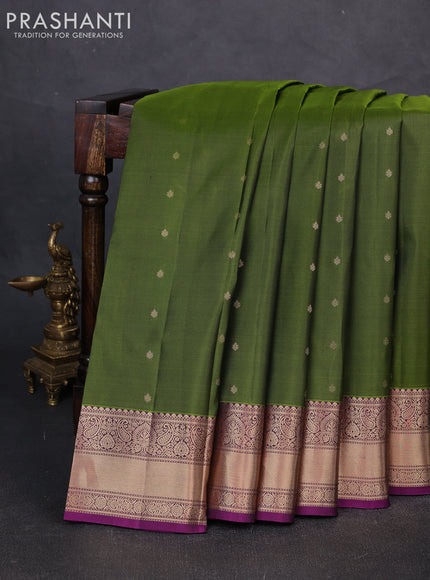 Pure kanchipuram silk saree sap green and purple with zari woven buttas and zari woven border