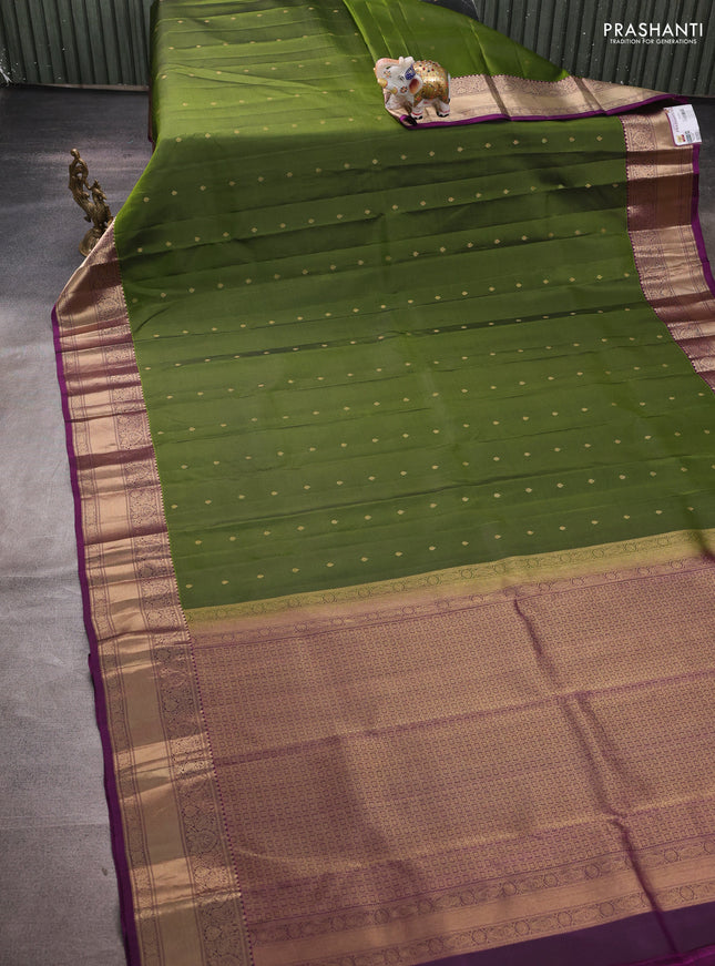 Pure kanchipuram silk saree sap green and purple with zari woven buttas and zari woven border