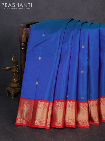 Pure kanchipuram silk saree dual shade of blue and red with zari woven buttas and zari woven korvai border
