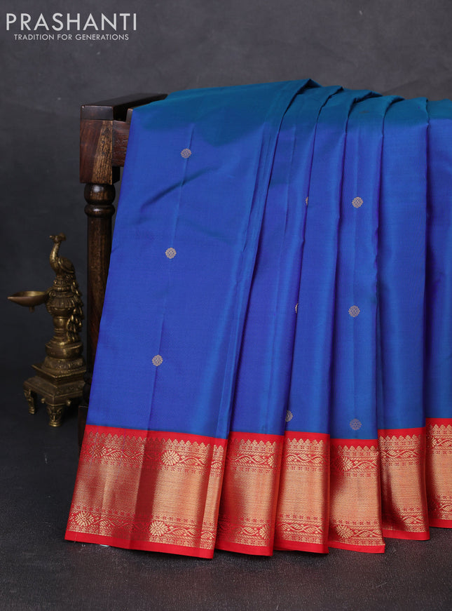 Pure kanchipuram silk saree dual shade of blue and red with zari woven buttas and zari woven korvai border