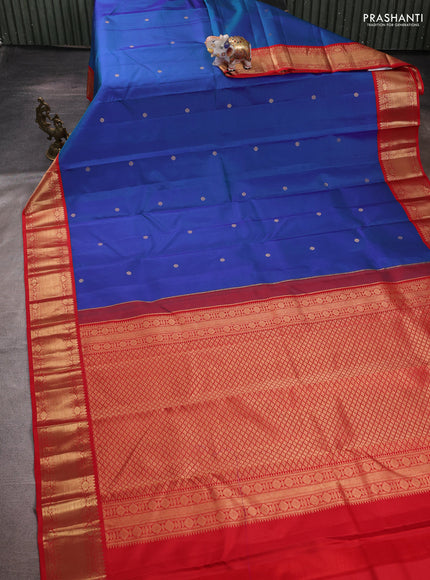 Pure kanchipuram silk saree dual shade of blue and red with zari woven buttas and zari woven korvai border